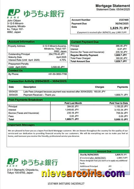 Japan Post Bank mortgage statement Word and PDF template